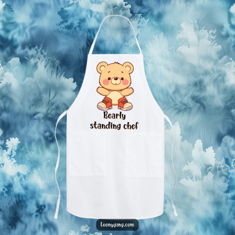 A functional apron adorned with a funny bear cub wearing oversized shoes and wobbling, ready to tackle culinary tasks.