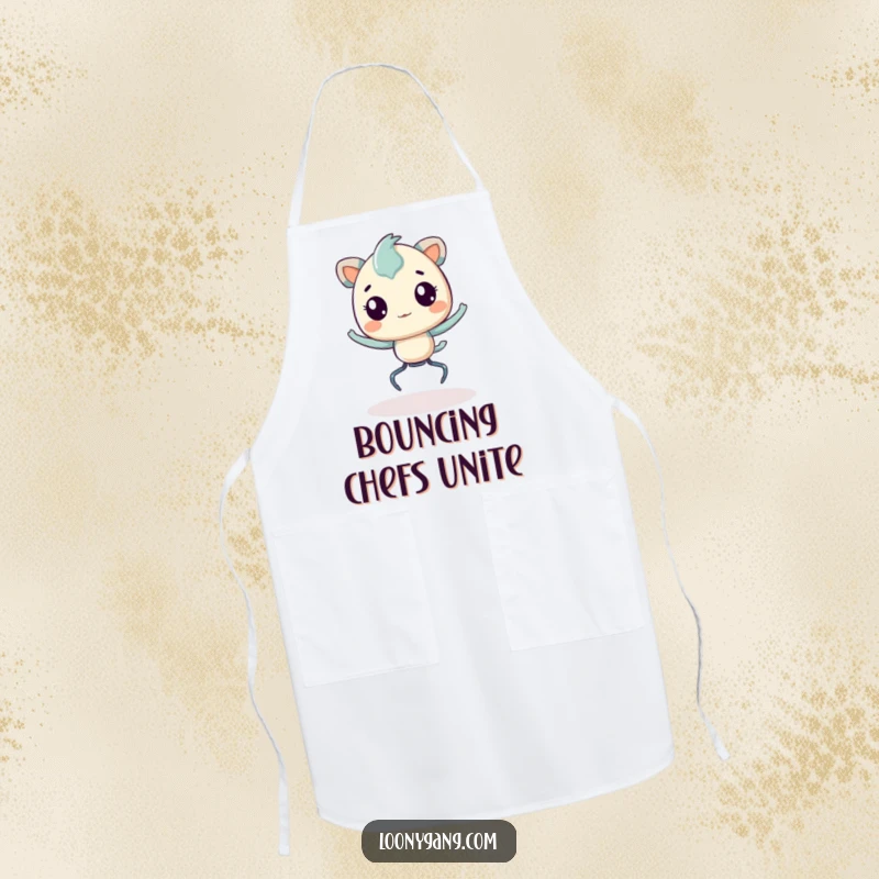 Funny Apron with a creature on springy legs, bouncing enthusiastically, making meal prep a hilariously energetic and joyful experience.