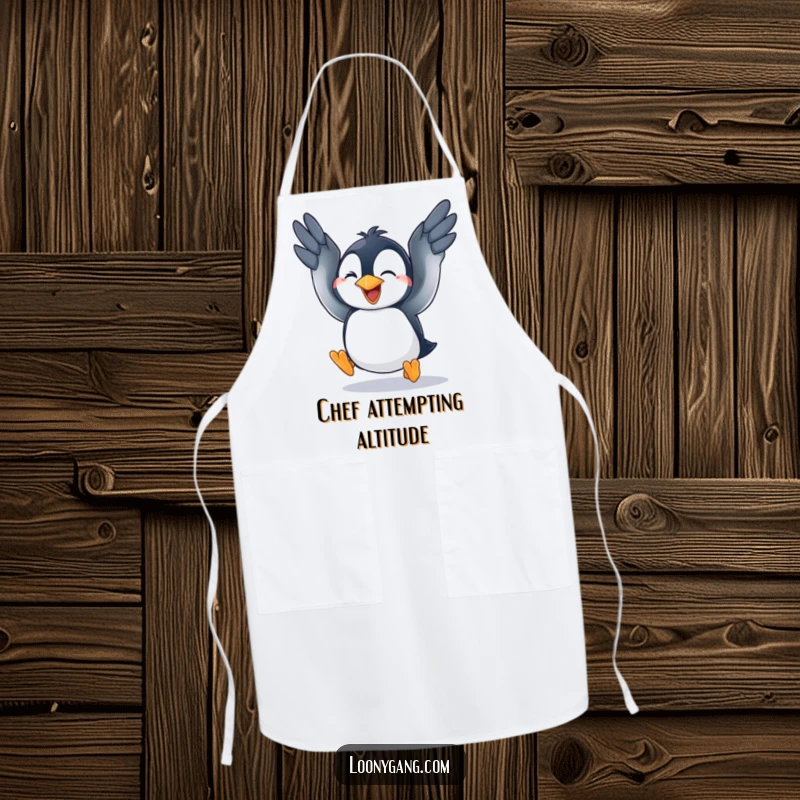 A functional apron decorated with a funny penguin cub vigorously flapping its wings, embodying the spirit of trying.