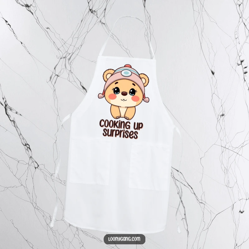 Funny bear cub wearing a propeller beanie, looking surprised, on a durable apron perfect for the kitchen.