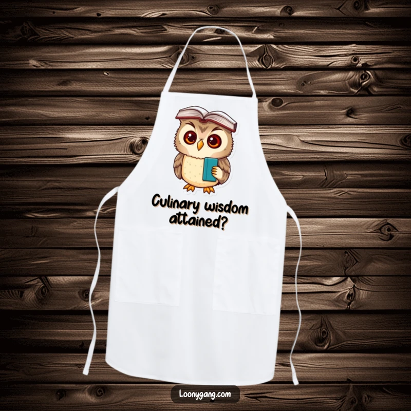 A functional apron decorated with a funny, bewildered owl cub wearing a book on its head, perfect for culinary study.