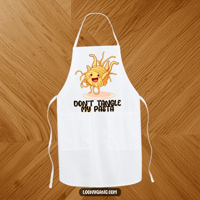 Funny Spaghetti Somersault Apron showcasing a grinning spaghetti noodle mid-clumsy somersault, making kitchen tasks more entertaining and comical.