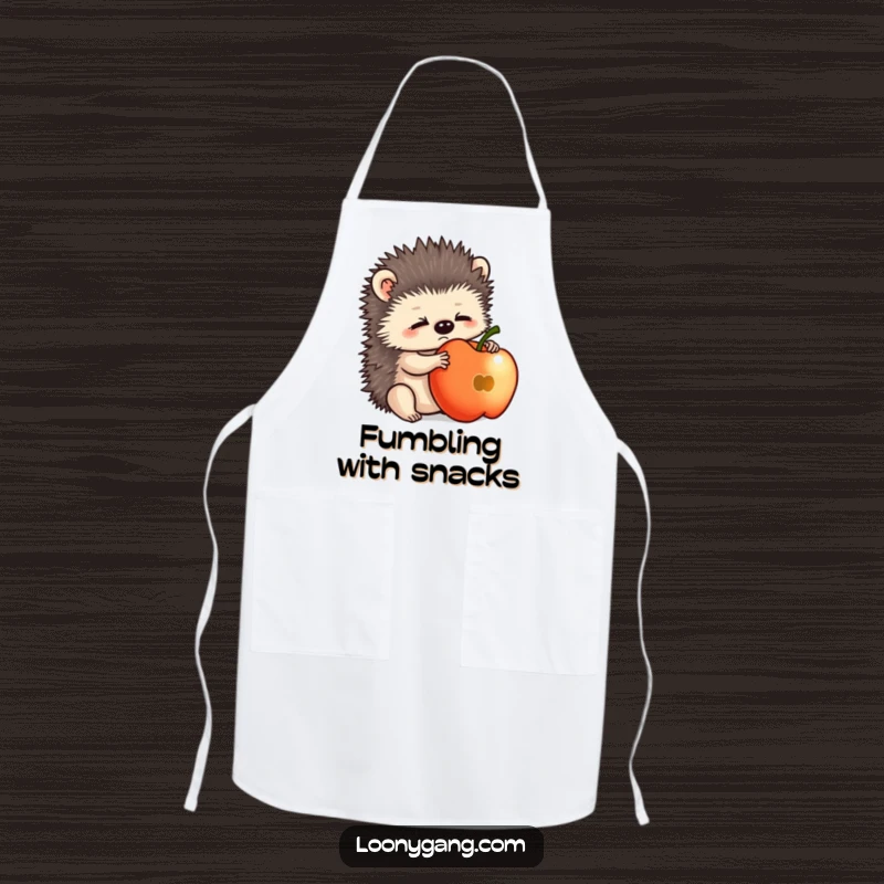 Funny hedgehog cub in an apron, hilariously attempting to balance an apple while cooking, ideal for kitchen humor.