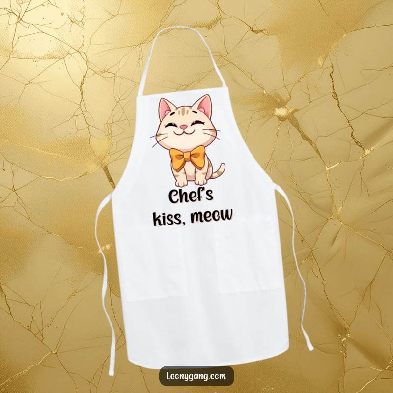 Funny cat bowtie apron featuring a grinning cartoon cat in an oversized, silly bowtie, perfect for cooking with a humorous touch.