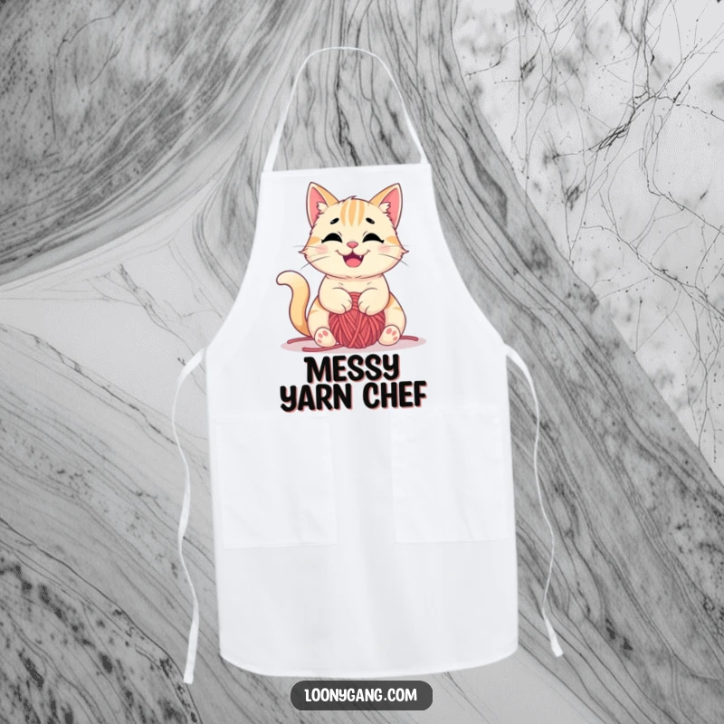 Funny apron for crafters with a mischievous cat happily tangled in yarn, protection and humor, great funny gift.