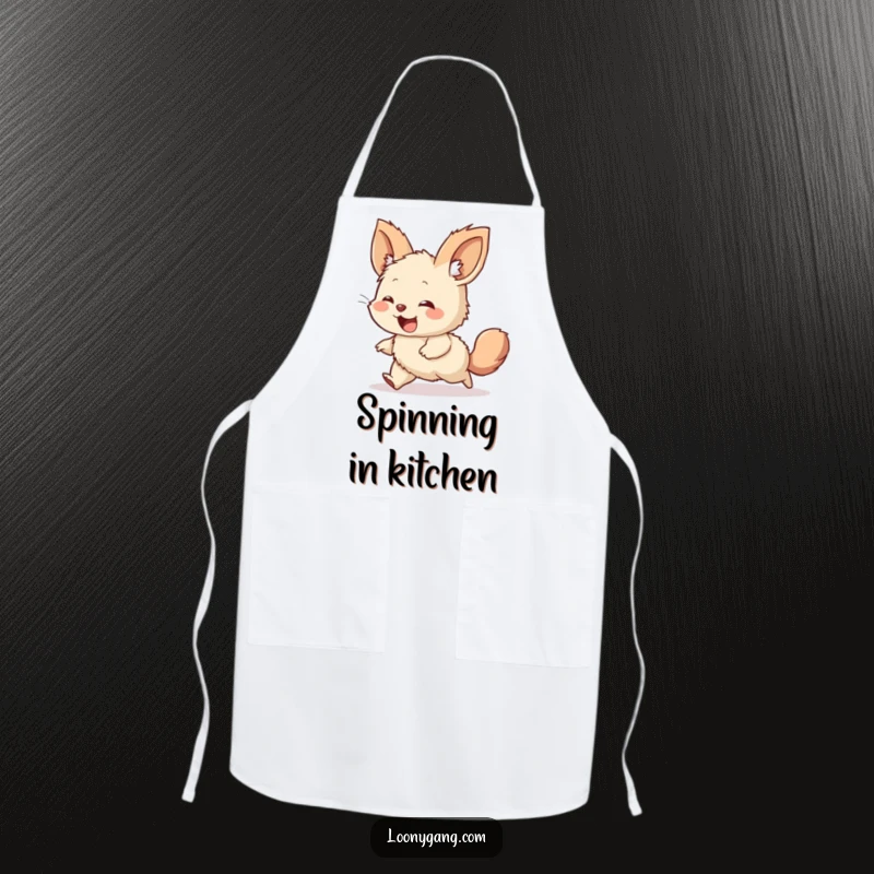 Funny kitchen apron with a giggling, furry creature with large ears, comically spinning while chasing its tail during meal prep.