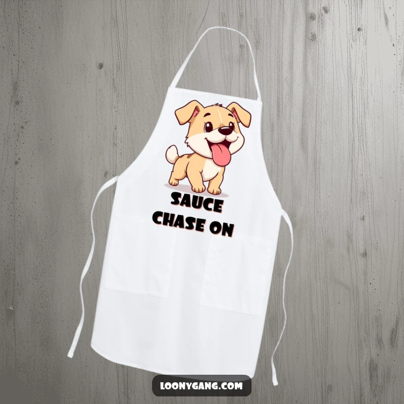 Funny cartoon dog, tongue hanging out, chasing its tail in circles, featured on this humorous kitchen apron.