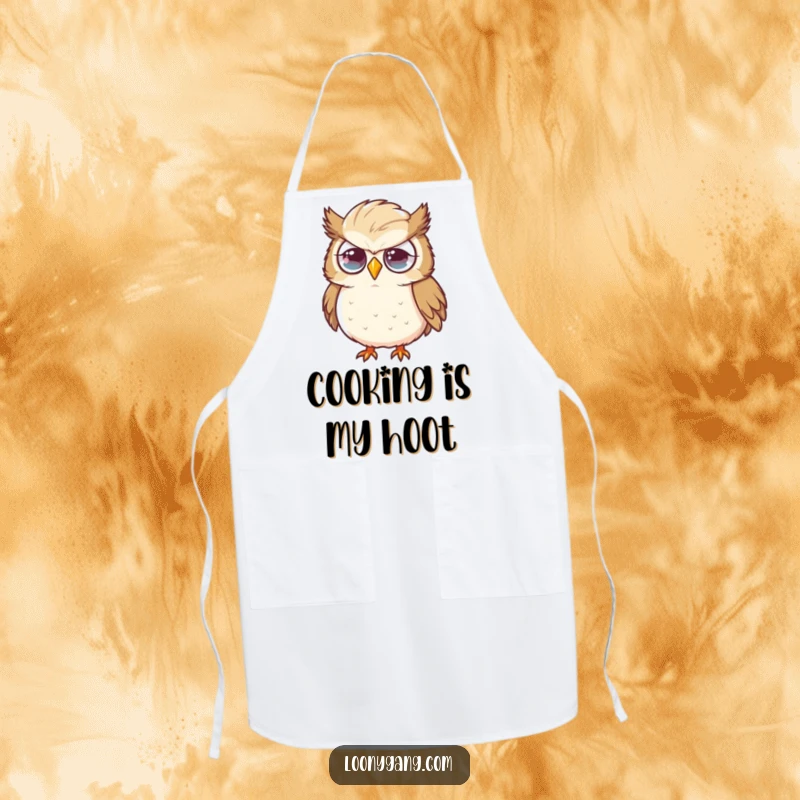 Funny owl apron with a flustered expression and a large feather, perfect for adding a touch of humorous disarray to cooking and baking. A functional funny accessory.