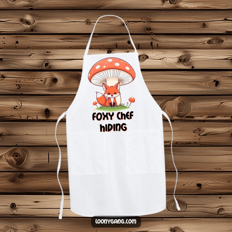 Funny fox apron with a sly red fox peeking from behind a large, comical mushroom, ideal for cooking and adding whimsy to the kitchen. A great funny gift idea.