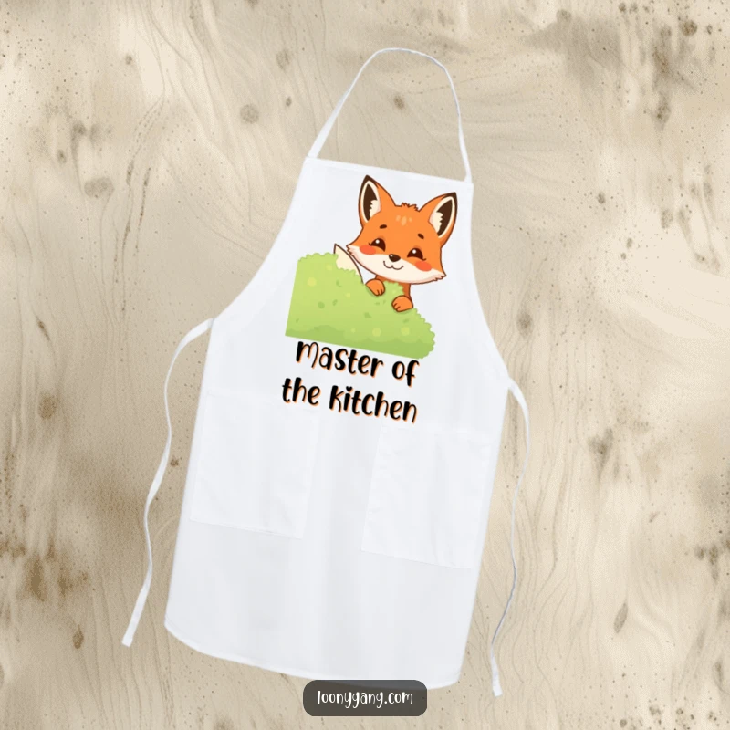 Funny Fox Apron showing a mischievous fox peeking from a bush, perfect for cooks who enjoy humor and practicality in the kitchen.