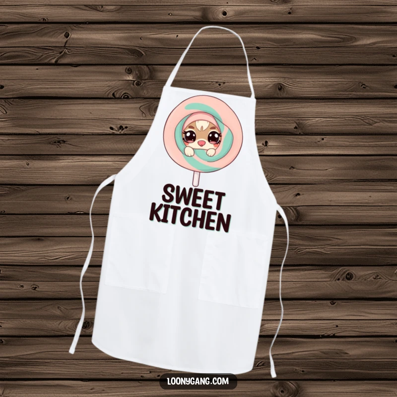 Funny apron showcasing a mischievous small creature with twinkling eyes peeking from behind a giant, wobbly lollipop, perfect for humorous cooking.
