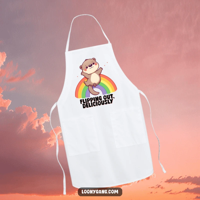 Funny otter apron with a playful otter sliding down a rainbow, ideal for kitchen use.