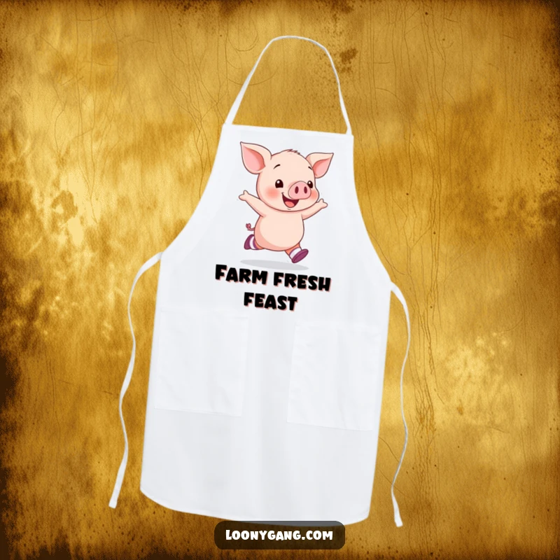 Funny piglet socks apron adorned with a happy piglet skipping joyfully in mismatched socks, making kitchen tasks delightfully humorous.