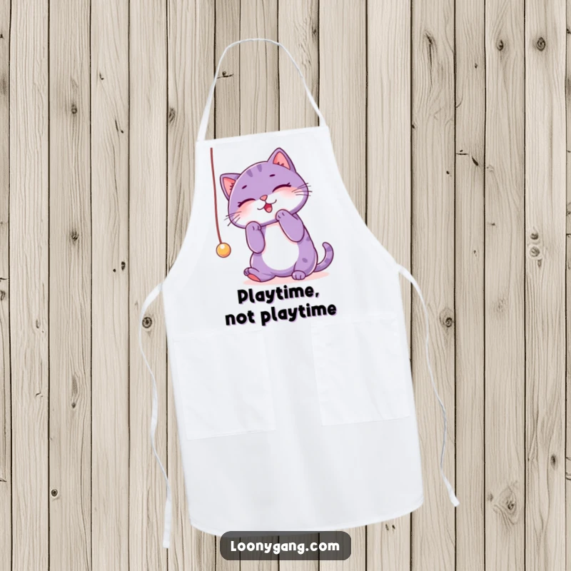 Funny purple cat apron illustrating a cat’s playful batting at a string, designed for kitchen fun and humor. A unique gift.