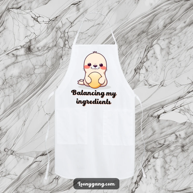 Funny Apron featuring a seal hilariously balancing a ball on its nose, ready for kitchen adventures with a charming wobble.