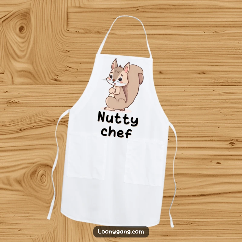 Funny squirrel apron, a mischievous squirrel hiding a giant acorn behind its back, ready for kitchen tasks with a sly grin.