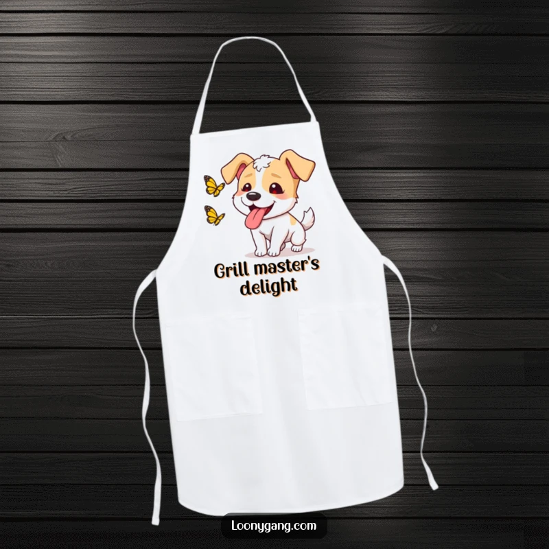 Funny dog butterfly apron adorned with a goofy dog, tongue out, chasing a butterfly, making kitchen tasks delightfully humorous.