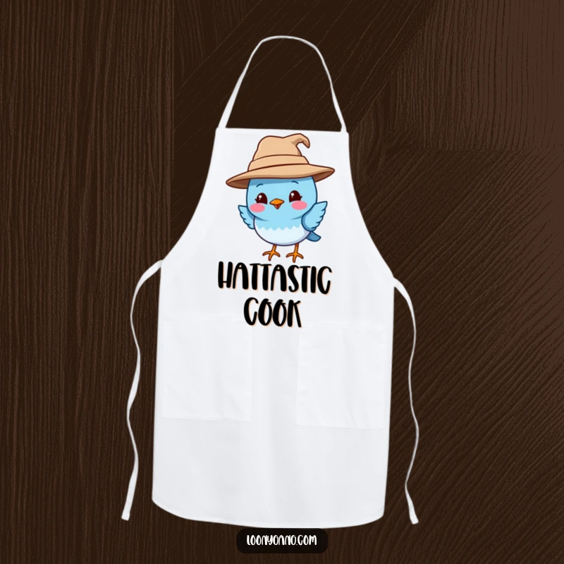 Funny blue bird apron with a smiling blue bird wearing a comically oversized and crooked hat, ideal for cooking and adding quirkiness to the kitchen. A great funny gift idea.