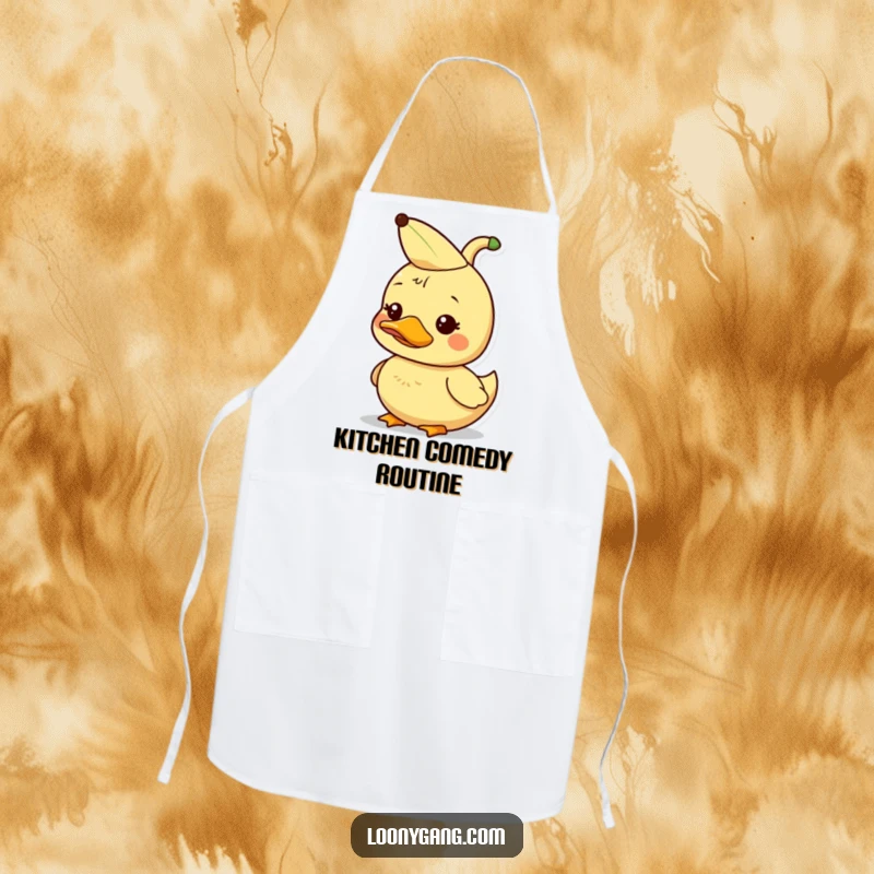 Funny dorky duckling with banana peel hat, kitchen apron, cooking humor gift.