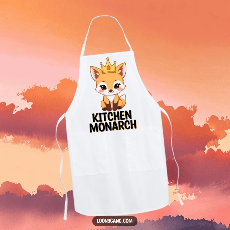 Funny fox cub wearing a tiny crown looking proud on a kitchen apron, a humorous and funny gift.