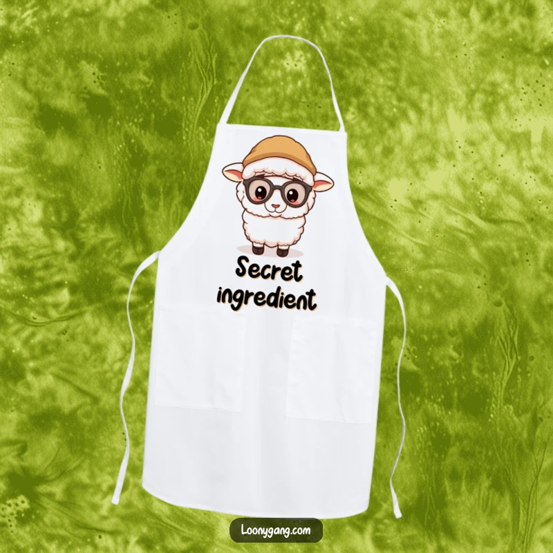 Funny sheep wearing a silly disguise and peeking out from a functional kitchen apron, a humorous and funny gift.