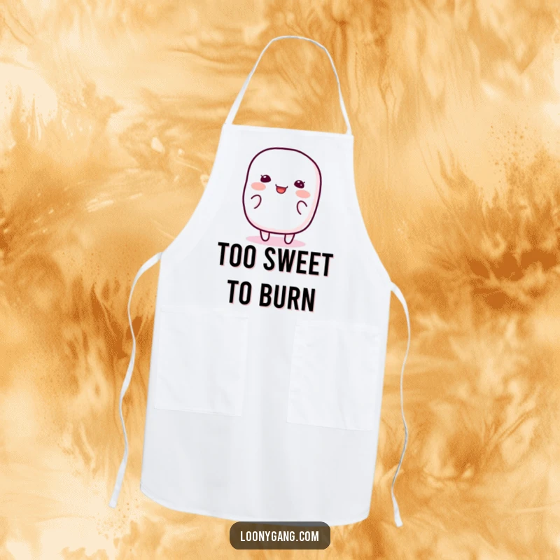 Funny Marshmallow Wiggle Apron showcasing a happy, jiggly marshmallow character wiggling with pure silliness, making kitchen tasks more delightful and comical.