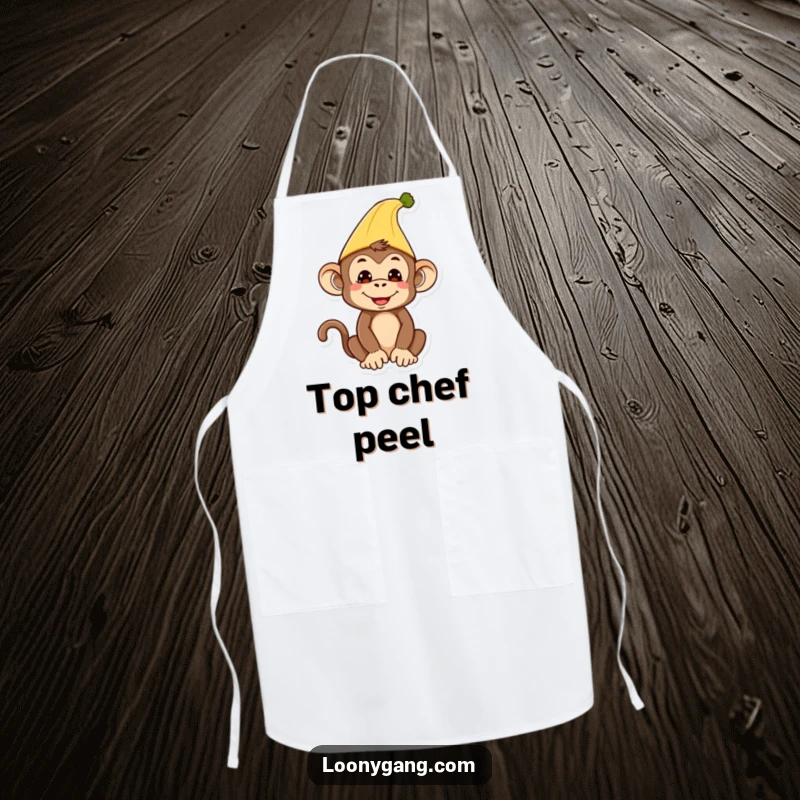 Funny Monkey Apron: Durable apron with a silly monkey wearing a banana peel hat, great for cooks.