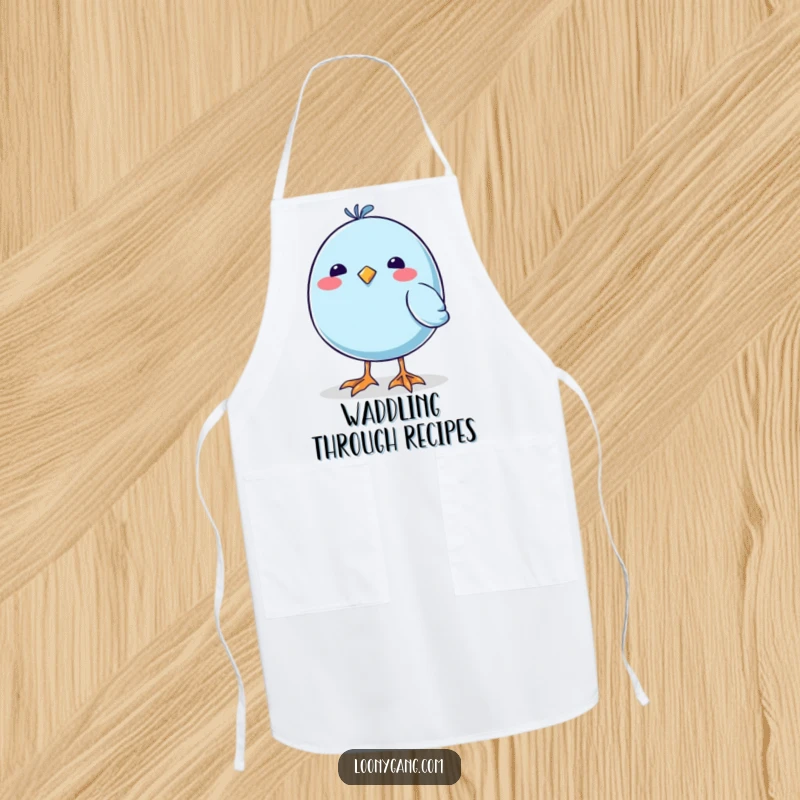 Funny Blue Bird Apron, perfect for cooking, showcasing a bird with comically large, wobbly feet, ready to make messes fun.