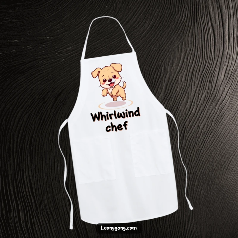 Funny puppy apron with a clumsy dog spinning in a dizzy circle chasing its tail, ideal for cooking and adding humor to the kitchen. A great funny gift idea.