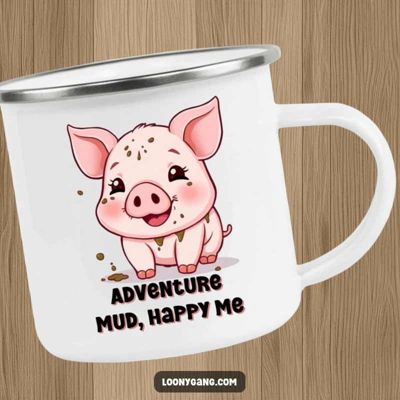 Funny Muddy Piglet Camping Mug showing a joyful piglet happily splattered with mud. Durable and amusing outdoor drinkware.