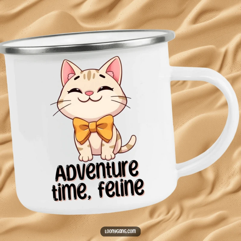 Funny cat bowtie camping mug showing a grinning cartoon cat with a silly, oversized bowtie, perfect for outdoor beverages with humor.
