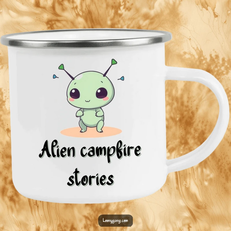 Funny alien camping mug with a small, round creature spinning its antennae wildly, durable for cosmic adventures.