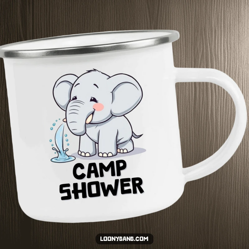 Funny Elephant Camping Mug: Sturdy mug featuring a comical, giggling elephant spraying water.