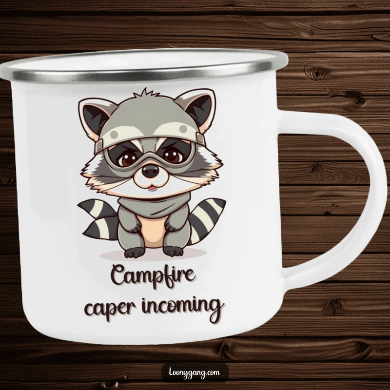Funny raccoon camping mug with a giggling raccoon in a bandit mask, perfect for outdoor use.