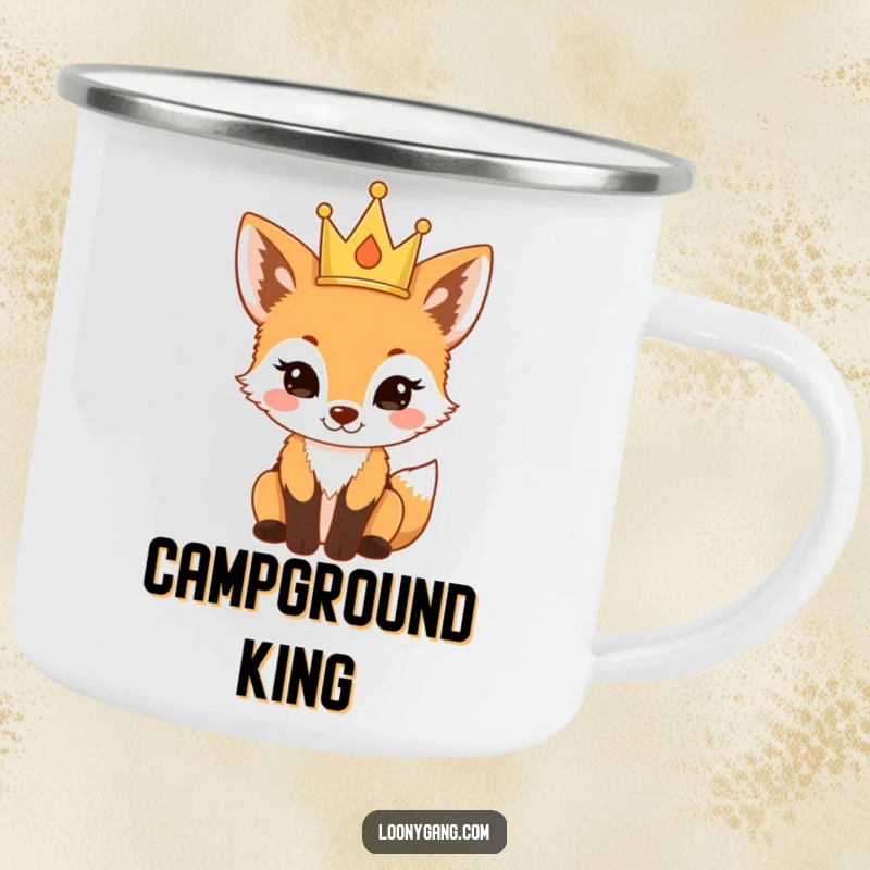 Funny fox cub wearing a tiny crown looking proud on a sturdy camping mug, a humorous and rugged funny gift.