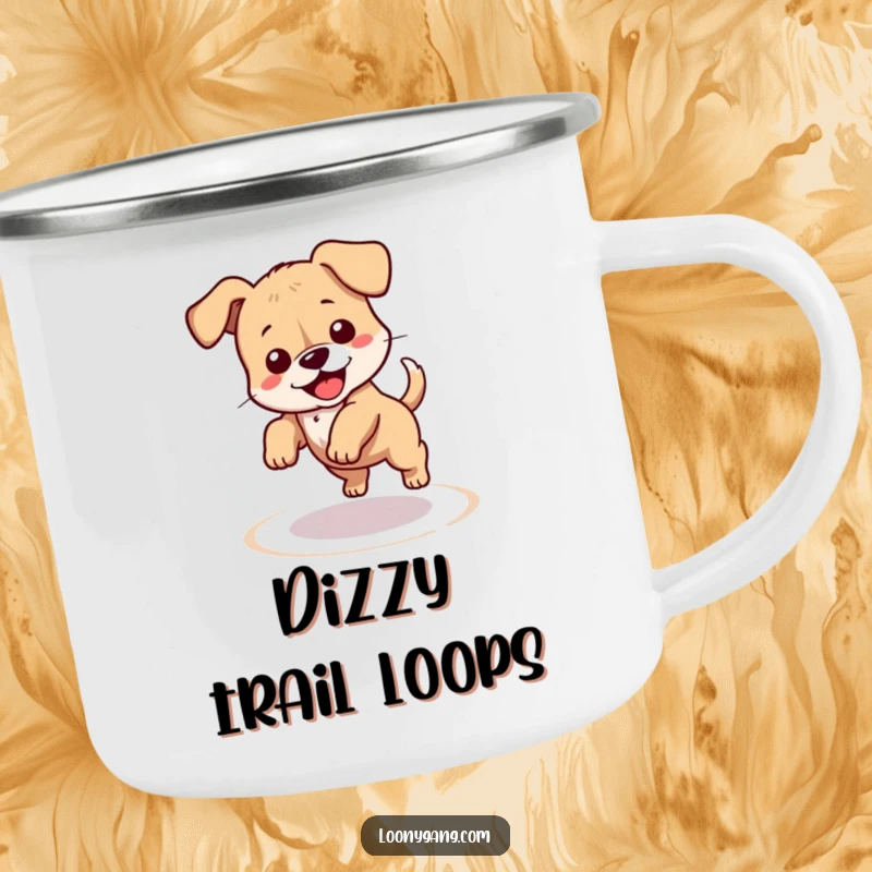 Funny puppy camping mug designed with a clumsy dog chasing its tail in a dizzy circle, perfect for outdoor adventures and warm beverages. A unique funny gift for campers.