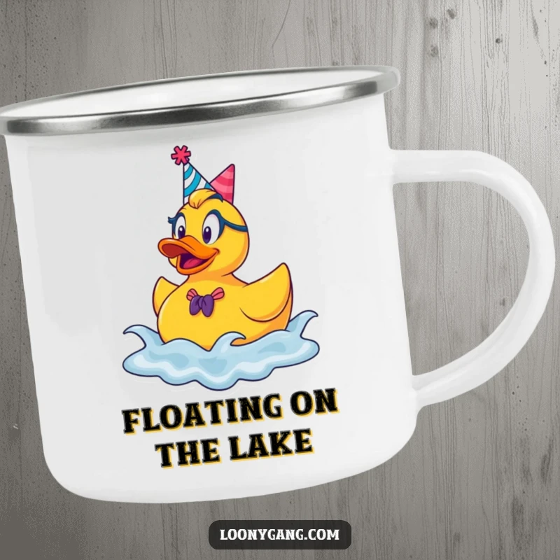Funny rubber ducky party camping mug, a goofy duck in a hat bouncing on waves, ready for outdoor refreshment.