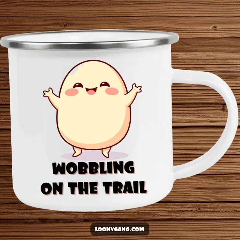 Funny Blob Jig Camping Mug featuring a smiling, wobbly blob character doing a funny jig, ideal for enjoying drinks outdoors with a smile.
