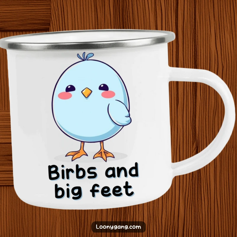 Funny Blue Bird Camping Mug, durable enamel, showing a bird with comically large, wobbly feet, ready for adventure.