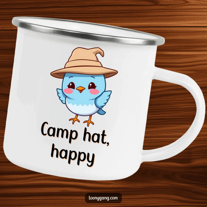 Funny blue bird camping mug designed with a smiling blue bird wearing a giant, crooked hat, perfect for outdoor adventures and warm beverages. A unique funny gift for campers.