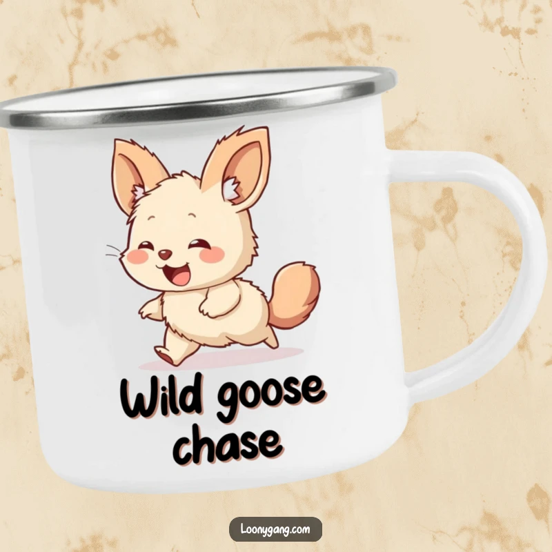 Funny enamel camping mug with a giggling, furry creature with big ears, comically chasing its tail, ready for any adventure.