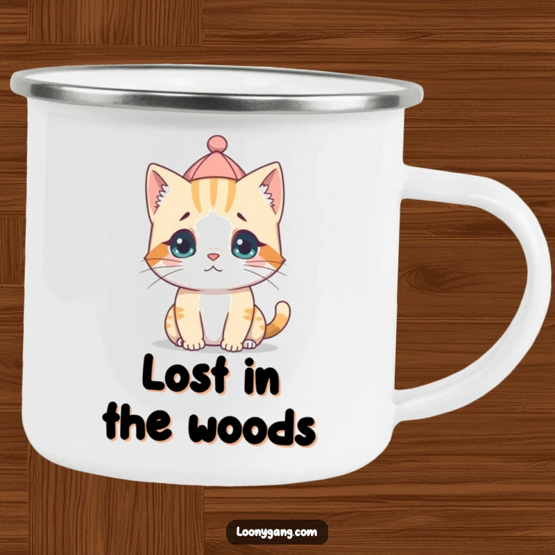 A sturdy camping mug adorned with a funny, confused cat cub wearing a backward hat, perfect for sipping on the go.