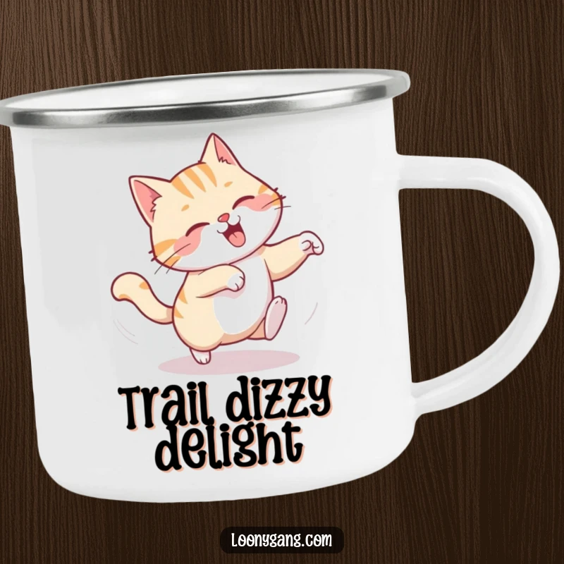 Funny camping mug featuring a chuckling cat in a dizzying spin, comically chasing its tail, ready for outdoor brews.