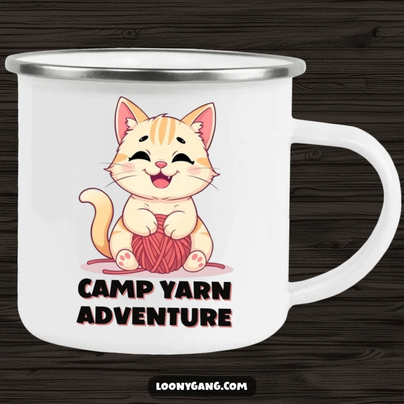 Funny camping mug with a happy cat tangled in yarn, durable for outdoor use, great funny gift.