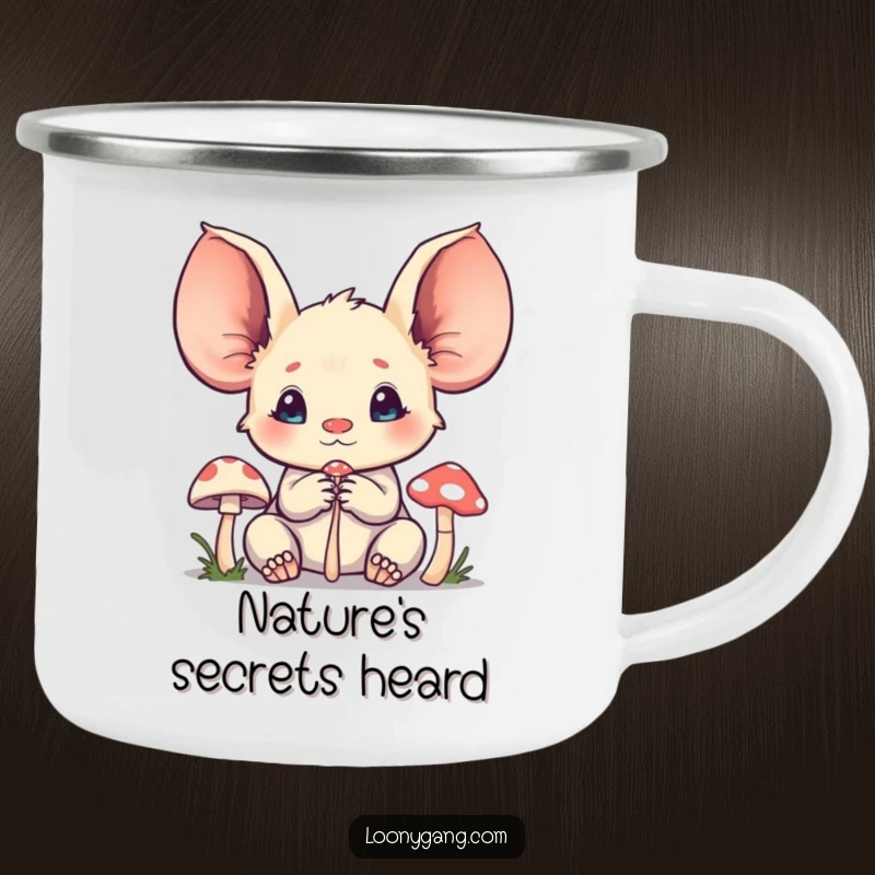 Funny creature camping mug showing a character with oversized ears listening intently to a mushroom, perfect for outdoor curiosity.