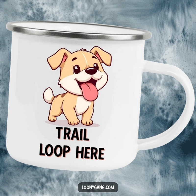 Funny cartoon dog with its tongue hanging out, chasing its tail, featured on a durable and humorous camping mug.