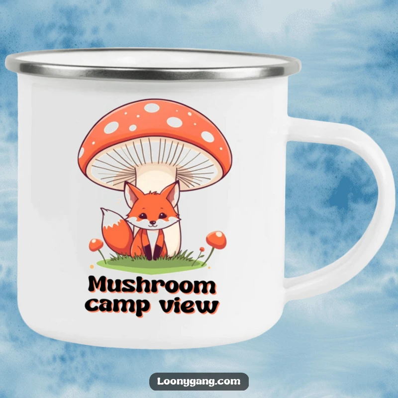 Funny fox camping mug designed with a sly red fox peeking from behind a large, comical mushroom, perfect for outdoor adventures and warm beverages. A unique funny gift for campers.