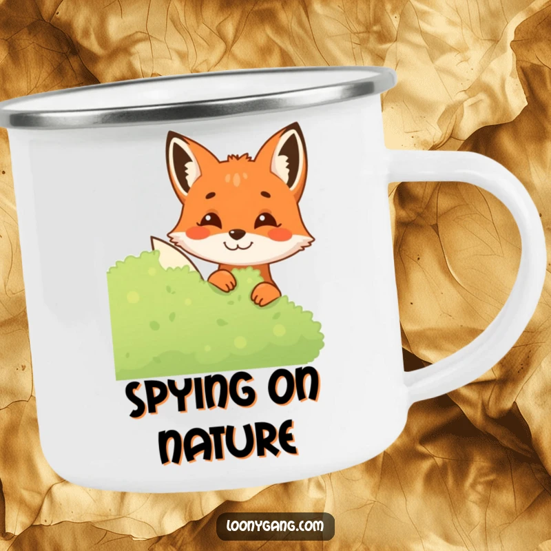 Funny Fox Camping Mug showing a mischievous fox peeking from cover, ideal for camping trips and hot beverages with a humorous woodland design.