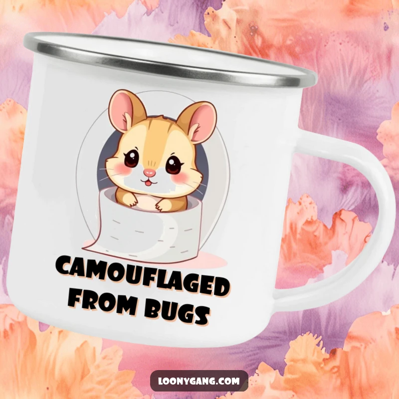 Funny hamster cub hilariously stuck inside a toilet paper roll, designed for durable outdoor camping mugs.