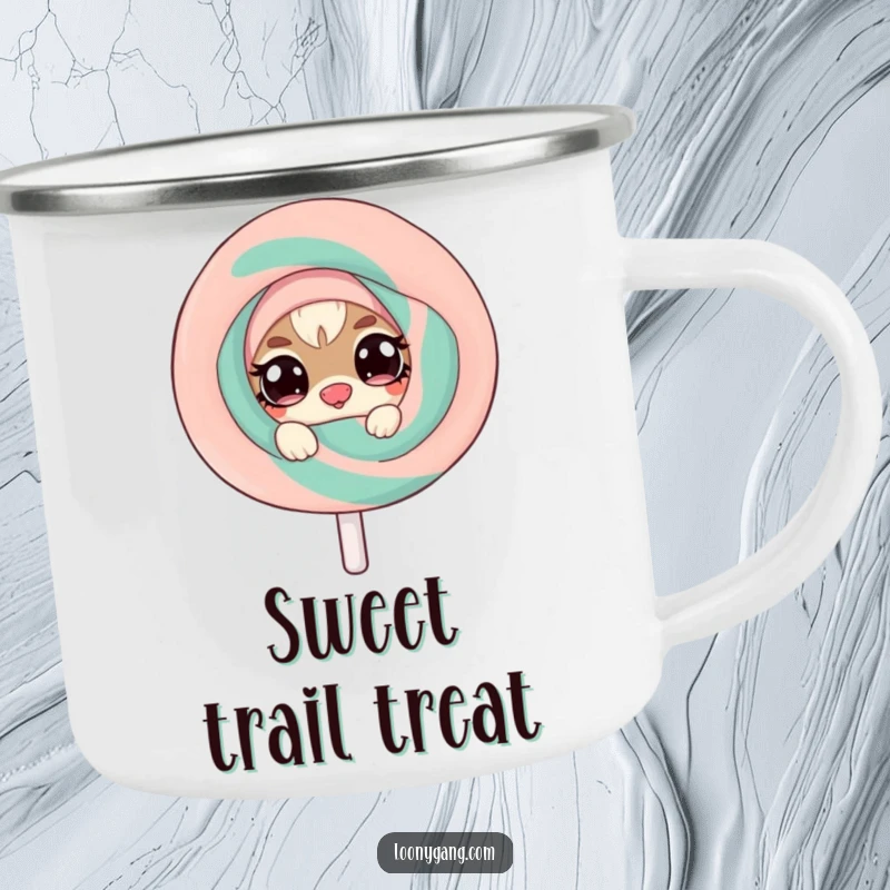 Funny camping mug featuring a mischievous small creature with twinkling eyes peeking from behind a giant, wobbly lollipop, ideal for outdoor mischief.